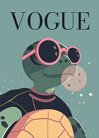 Stilvolle Schildkröte mit Sonnenbrille, die rosa Kaugummi bläst – Vogue-Poster von Cross