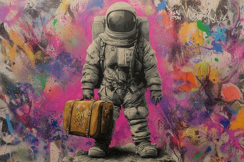 Astronaut met koffer -  Kleurrijk urban street art van BowiScapes - Fine Art en Urban Wandkunst