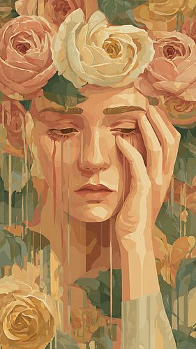 De tranen van een huilende vrouw bloeien op tot rozen