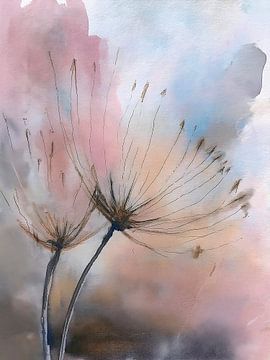 Minimalistisch en sereen aquarel schilderij: Twee Uitgebloeide paardenbloemen van Studio Pieternel
