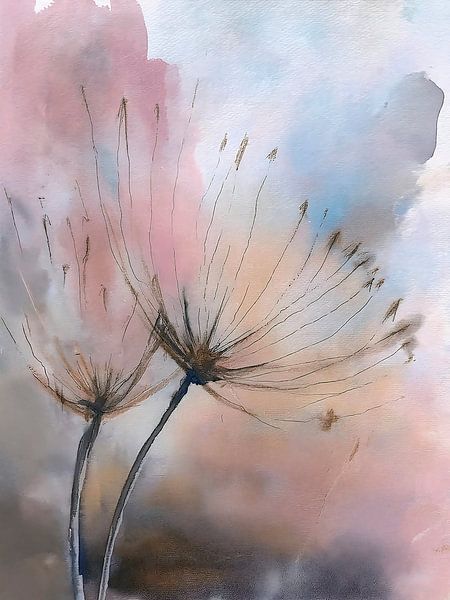 Minimalistisches und heiteres Aquarell: Zwei blühende Pusteblumen von Studio Pieternel