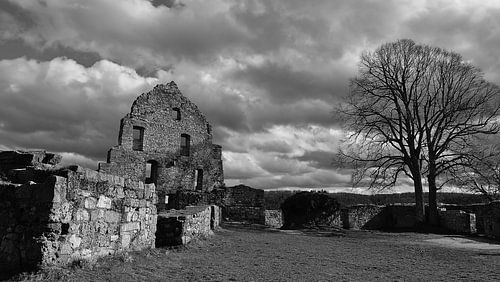 Monochrome photograph of historic castle ruine Hohenurach.