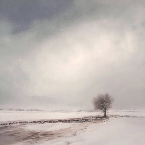 Arbre solitaire sur la rive hivernale