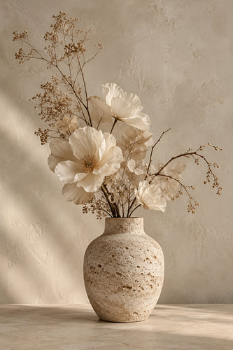 Minimalistisches Stillleben mit Vase und elfenbeinfarbenen Blumen