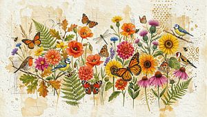 Été botanique : fleurs des champs, fougères, papillons et oiseaux