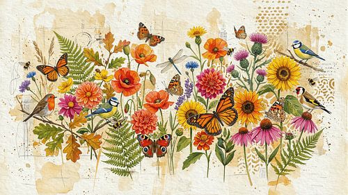 Été botanique : fleurs des champs, fougères, papillons et oiseaux