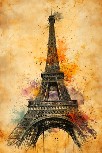Vintage Eiffeltoren met kleurrijke verfspatten