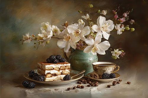 Tiramisu met Koffie en Bloemen - Romantisch Stilleven