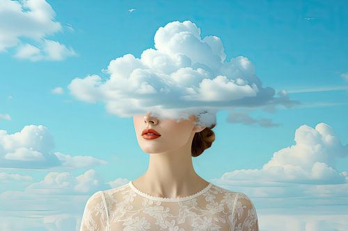 vrouw met hoofd in de wolken