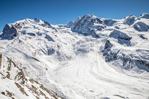 Uitzicht op de gletsjers Gorner, Grenz en Zwilling vanaf de Gornergrat