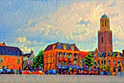 Kleurrijk Schilderij Zwolle Rodetorenplein met Peperbus van Slimme Kunst.nl