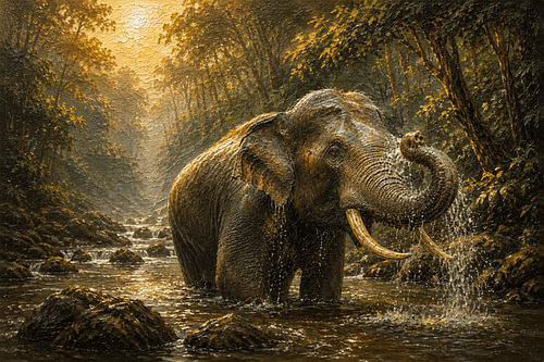Een Sumatraanse olifant die de rivier oversteekt