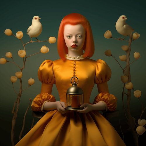 Fille avec chandelier en cuivre