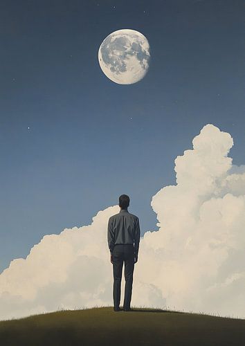 Maanverlichte nacht - Minimalistische scène met man en volle maan