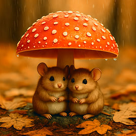 Zwei kleine Mäuse, die sich unter einem Pilzschirm vor dem Regen verstecken. von Jelena Jovanovic Fine Art