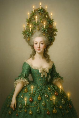 Festive rococo portrait of a lady in green dress with candles and ornaments