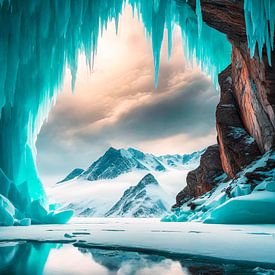 Ice cave with mountain and snow by Mustafa Kurnaz