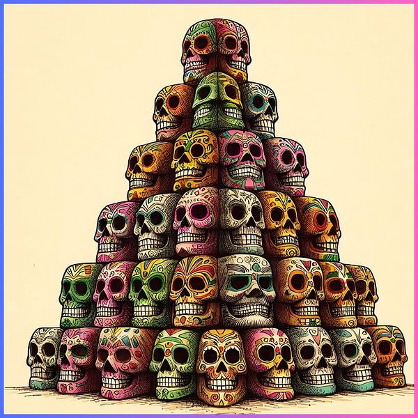 Pyramid of painted Mexican skulls by Hey Art!