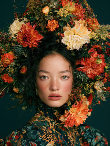 Botanische Elegantie – Melancholisch Portret in Warme Oranje Tinten van Egon Zitter