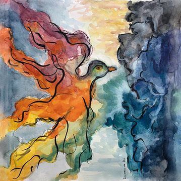 aquarel van een vogel genaamd l'oiseau de feu van W J Kok