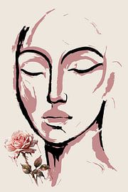 Abstract Modern Face Portrait Canvas Wall Art – Neutral Tones with Gold Accents, Contemporary Minimalist Art by Mido