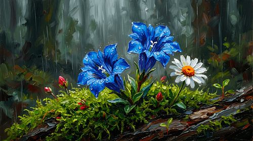 Blauwe lelie en witte margriet in de regen – Levendig bloemenolieverfschilderij met waterdruppels