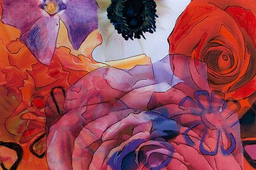 Mixed media with different flowers in red and purple.