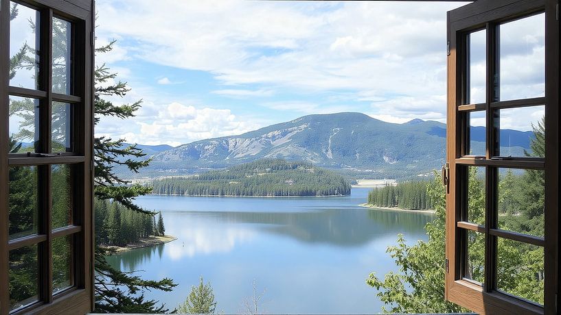 Window view of a lake by Wandbilder-Shop