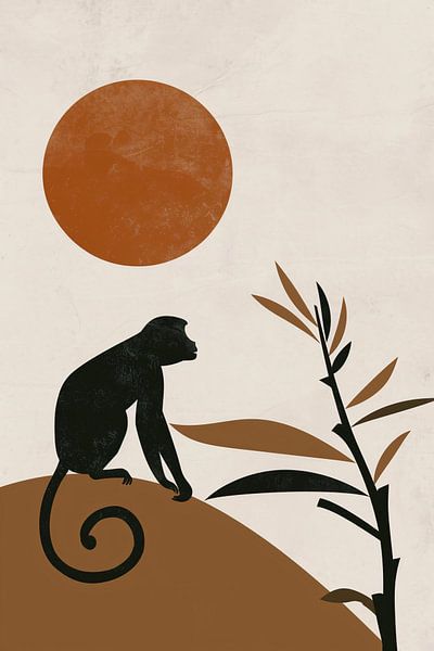 Black silhouette of monkey against big orange sun by Art & Soul Creations