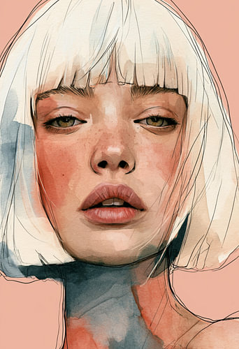 Modern Vrouwenportret met Witte Bob in Aquarel
