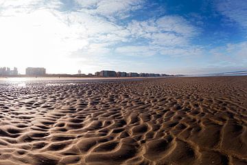 Vast zandstrand met stedelijke skyline onder heldere blauwe lucht.