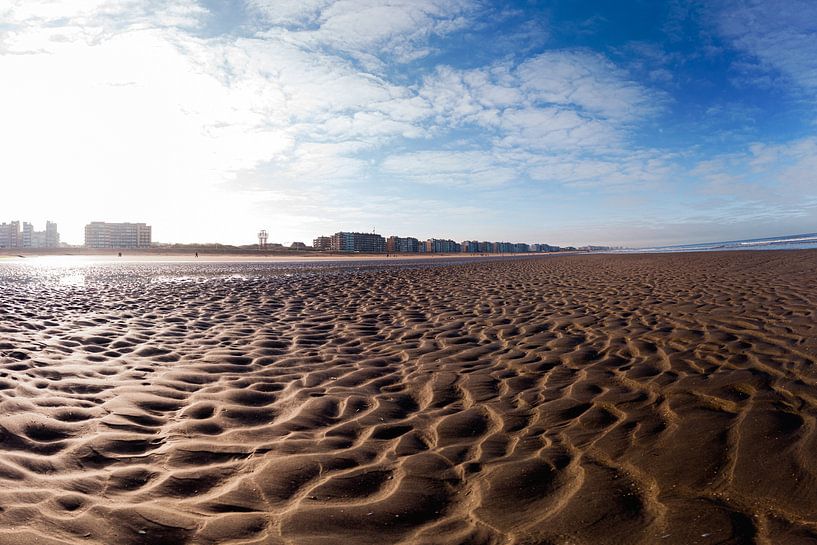 Firm sandy beach with urban skyline under clear blue sky. by Youri Mahieu