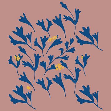 Flower market. Modern botanical art in blue, yellow, light cacao by Dina Dankers