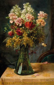 Ein Blumenstrauß mit Tulpen und Nelken in einer Glasvase mit Schmetterling, Hans Zatzka