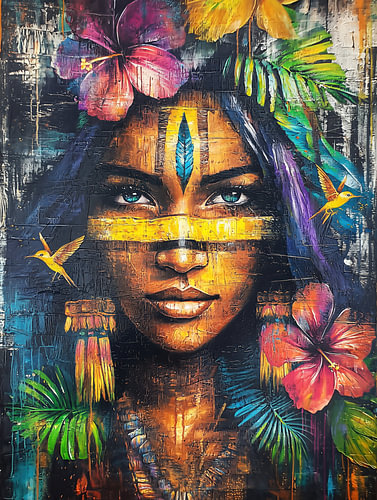 Tribal Serenity – Modern Tropical Women’s Portrait in Oil with Golden Accent Lines