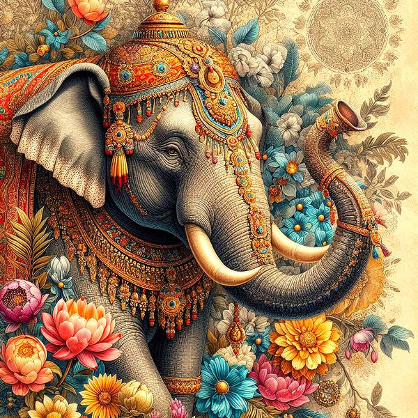 Indian elephant with traditional decorations by Wilfried van Dokkumburg