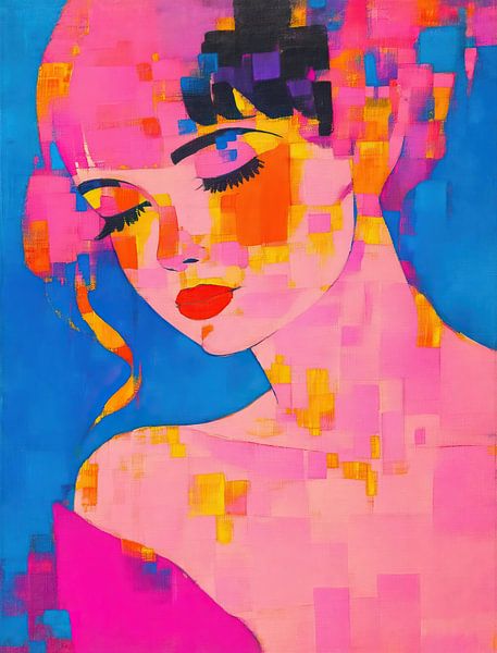 Colourful Portrait | Modern Women Portrait Blue Pink by Wonderful Art
