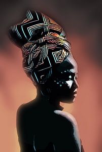 Afrikanische Frau mit Kopftuch und untergehender Sonne