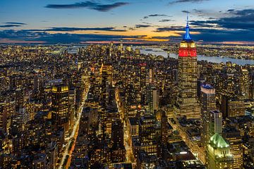 New York City Manhattan zonsondergang in vogelperspectief