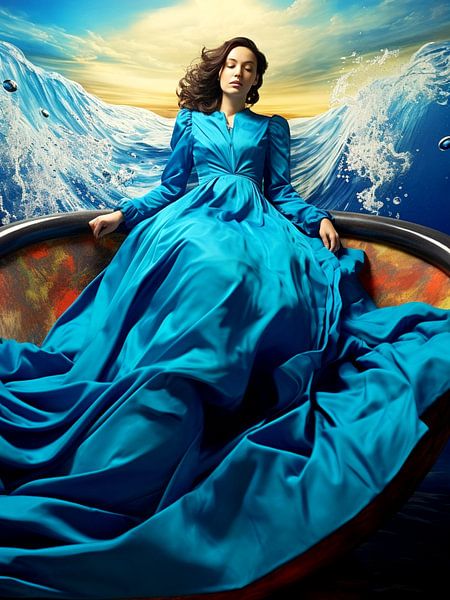 Surreal Frau schlafend blaues Kleid Ruhe Bewegung Kontrast von gm_designs