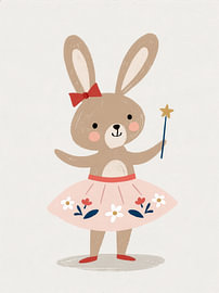 A little rabbit dressed as a fairy, with a floral skirt and a magic wand by Lina van Oers