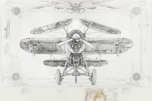 Detailed drawing of a vintage biplane - 