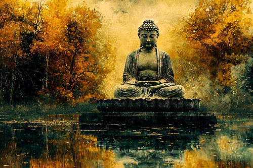 Bouddha dans un décor d'automne doré