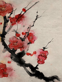 Stimmungsvolle japanische Blüte auf Reispapier im traditionellen Sumi-e-Stil: von Studio Pieternel