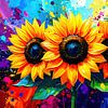 Tournesols comme nature morte moderne - pleine de mouvement, de force florale et d'explosion de couleurs sur AidasignArt