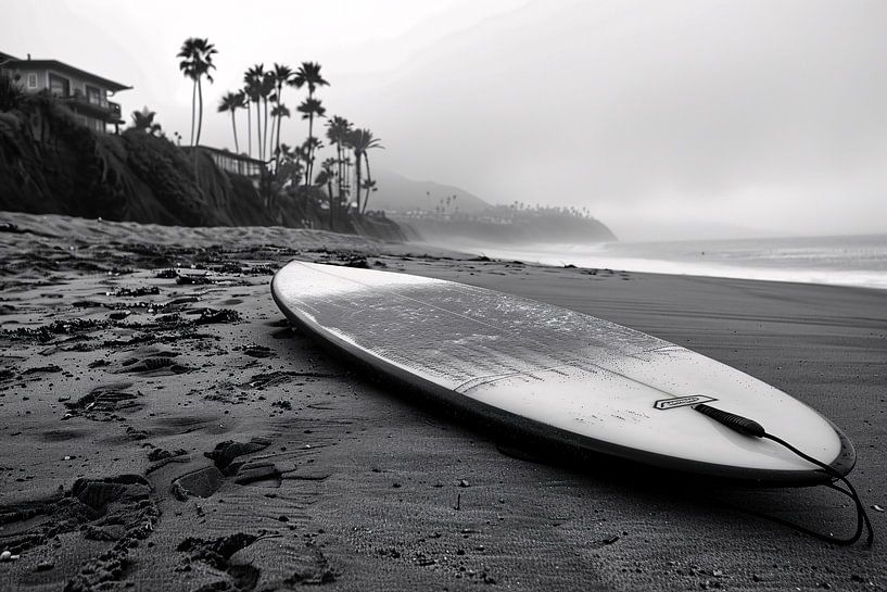 Surfplank en palmbomen op mistig strand van Art & Soul Creations