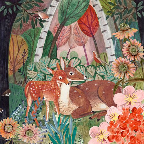 Hert met kind in het bos met bloemen