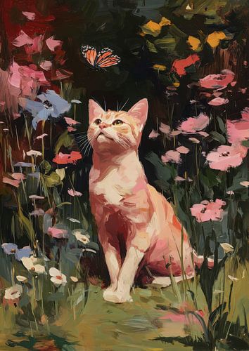 Pink Cat Poster Garden Oil Painting