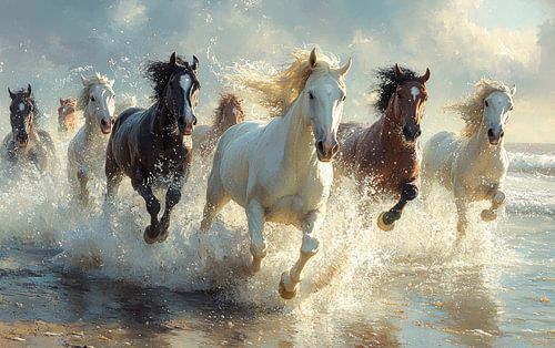 Chevaux de galop au bord de la mer