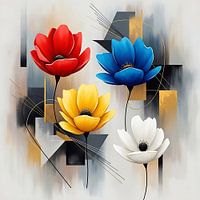 Abstract Red Blue Yellow White Flowers with Geometric Background